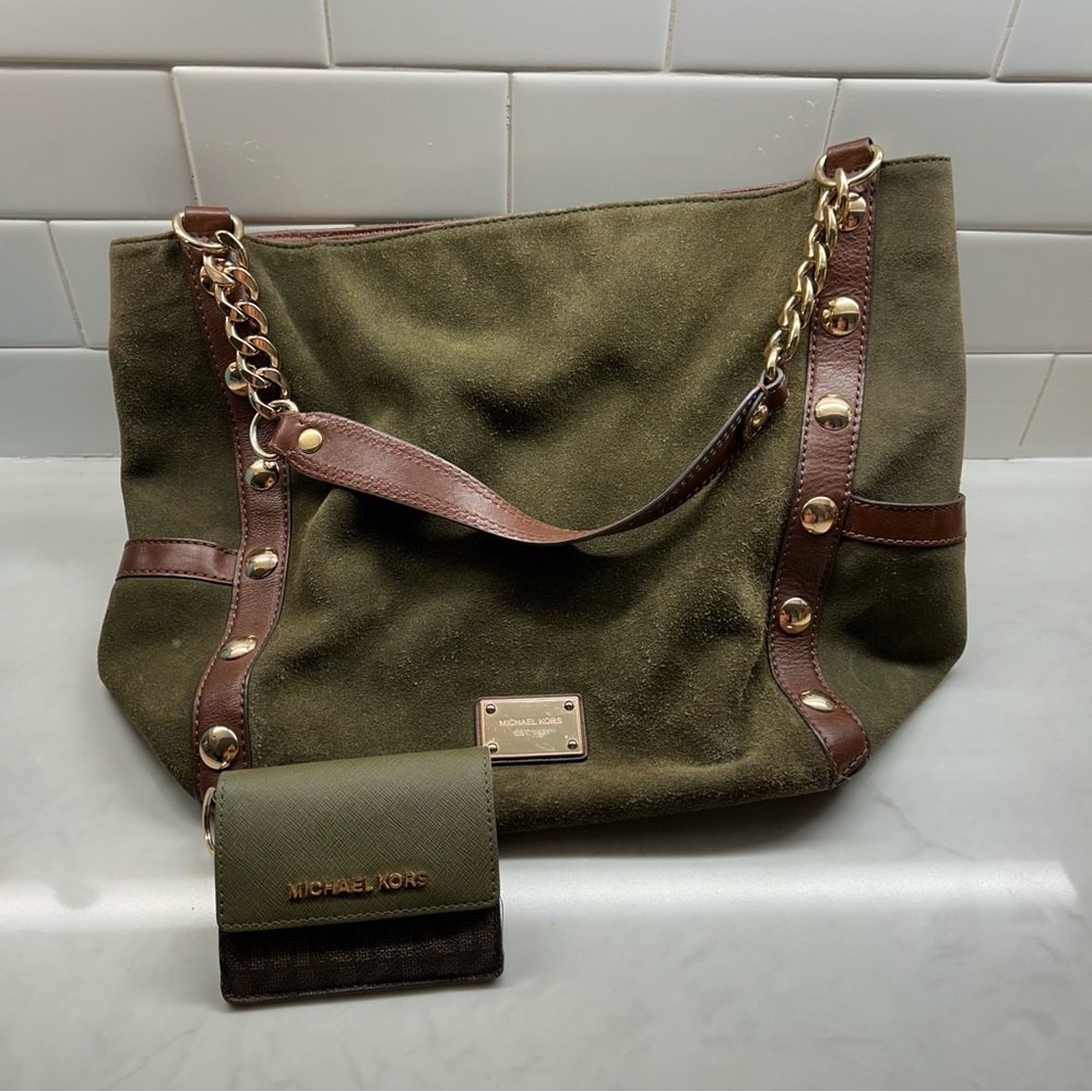 Michael Kors Green Suede Studded Tote Bag With Matching Wallet Bundle